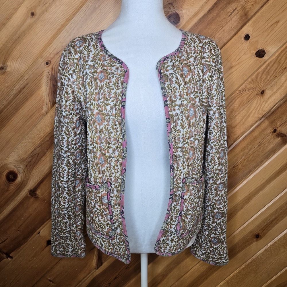 Natural‎ Life Quilted Open Front Jacket Pockets Floral Medium 100% Cotton